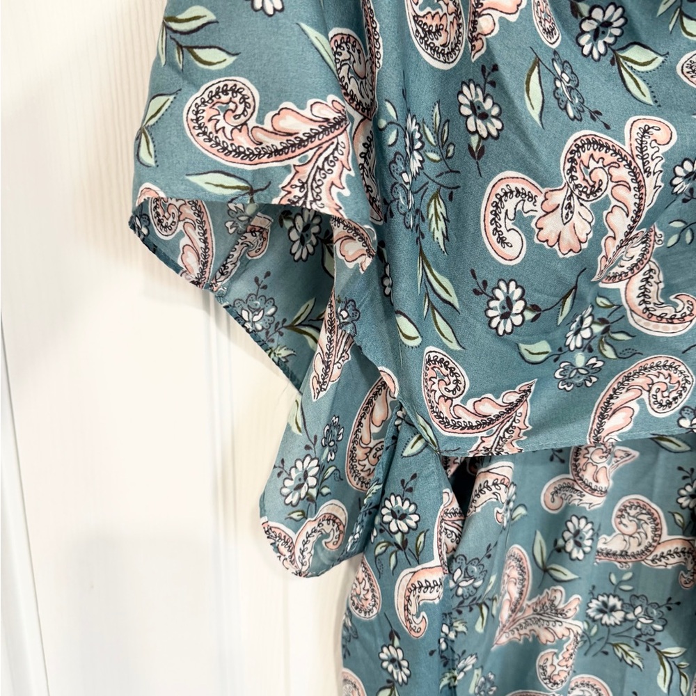 Ann Taylor LOFT Teal Paisley Lightweight Floral Open-Front Kimono - One Size - Picture 5 of 7